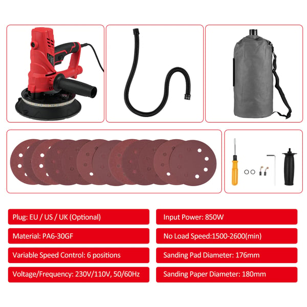 Vægsliber til gips - Håndholdt - 850 W - Automatisk støvudsugning - Variabel hastighed op til 2600 o/min - 180 mm skive - 220 V EU-stik - Rød