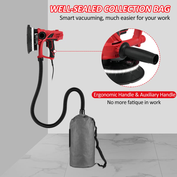 Vægsliber til gips - Håndholdt - 850 W - Automatisk støvudsugning - Variabel hastighed op til 2600 o/min - 180 mm skive - 220 V EU-stik - Rød