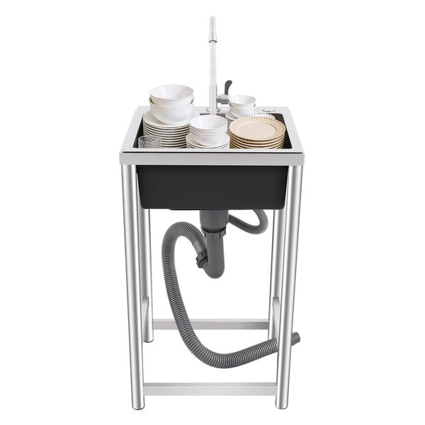 Fritstående industrivask - Enkel kumme - Med armatur - Rustfrit stål - 45x41x75 cm - Bæreevne 50 kg - Sølv