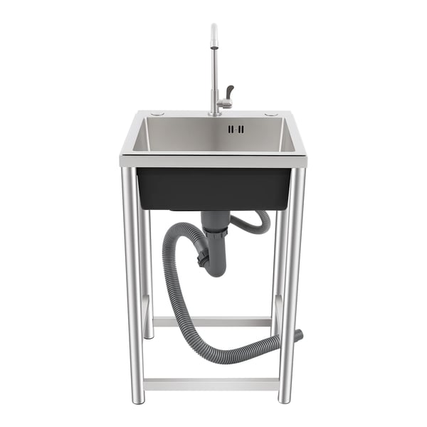 Fritstående industrivask - Enkel kumme - Med armatur - Rustfrit stål - 45x41x75 cm - Bæreevne 50 kg - Sølv