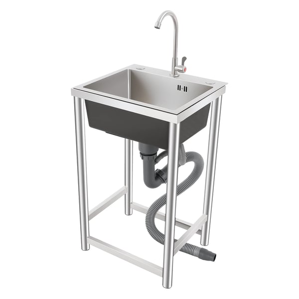 Fritstående industrivask - Enkel kumme - Med armatur - Rustfrit stål - 45x41x75 cm - Bæreevne 50 kg - Sølv