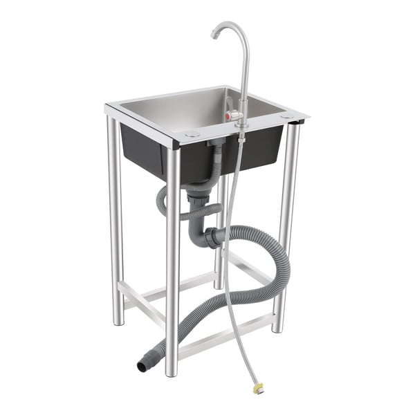 Fritstående industrivask - Enkel kumme - Med armatur - Rustfrit stål - 45x41x75 cm - Bæreevne 50 kg - Sølv