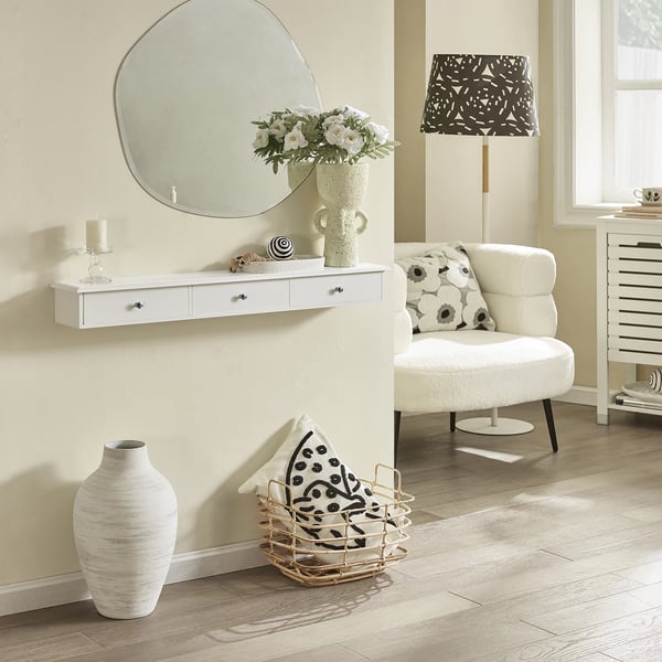 Seinäkaappi laatikoilla - Seinähylly - Kolme laatikkoa - Mitat 93×10×15 cm - Seinään asennettava - Valkoinen