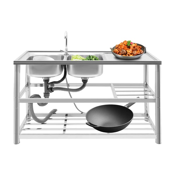 Fritstående vask - Dobbelt kumme - Rustfrit stål - Med armatur & afdrypningsplade - 360° svingbar - 3 hylder - 100 kg bæreevne - Sølv