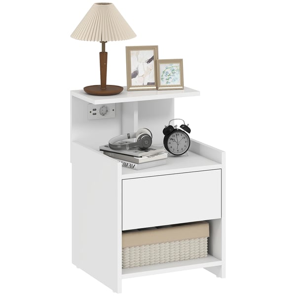 Sängbord/Nattduksbord - Laddningsstation & USB-portar - Låda och öppna hyllor - 40 x 40 x 60 cm - Modern marockansk stil - Vit