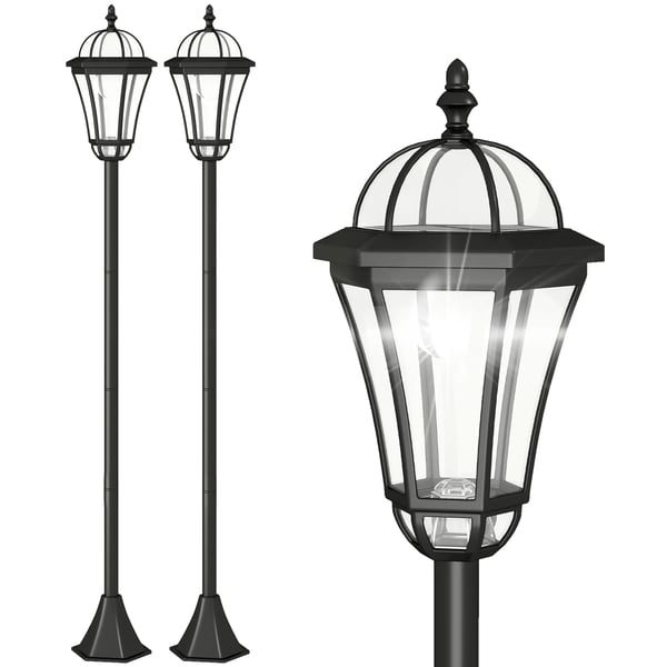 Solcells trädgårdslampor på stolpe - Set med 2 - Kallvitt 6000K LED - IP44 - Laddningsbart batteri - Mått 18,5×18,5×129 cm - Svart