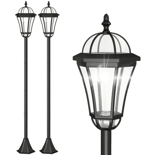 Solcells trädgårdslampor på stolpe - Set med 2 - Kallvitt 6000K LED - IP44 - Laddningsbart batteri - Mått 18,5×18,5×129 cm - Svart