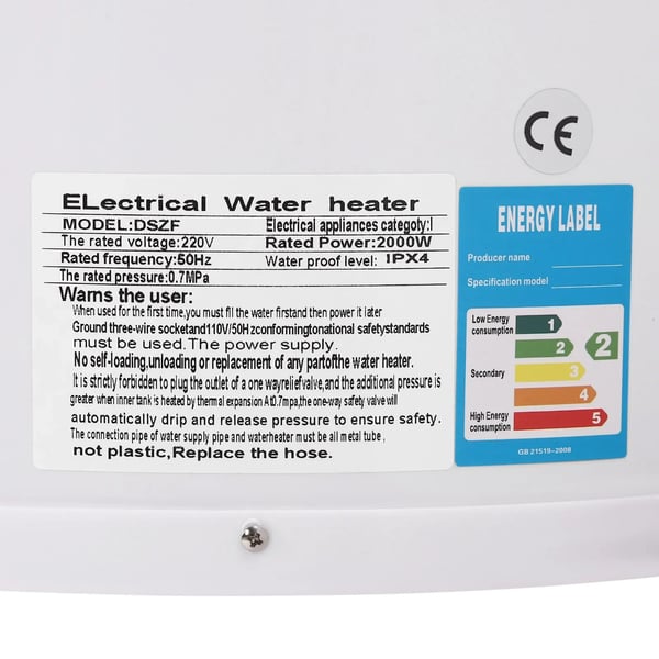 Elektrisk varmtvandsbeholder - Vertikal lagertank - 70L kapacitet - 2000W 220V - IPX4 - LED-display - 25–75°C temperaturstyring - Hvid