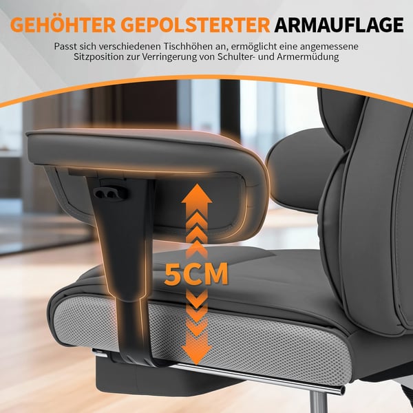 Kontorstol - Ergonomisk direktørstol - Pocketfjedret sæde - Justerbar lændestøtte - Armlæn - Fodstøtte - Orange