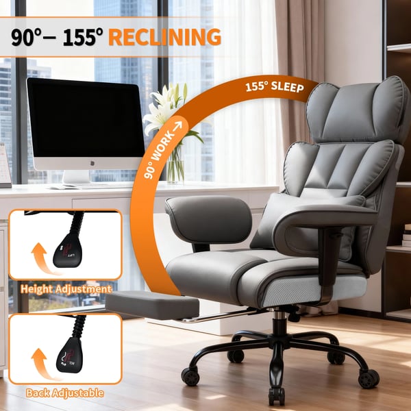 Kontorstol - Ergonomisk direktørstol - Pocketfjedret sæde - Justerbar lændestøtte - Armlæn - Fodstøtte - Orange