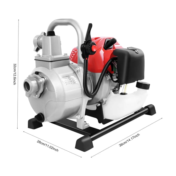 Vandpumpe - Bærbar benzin-motorpumpe - 43 cm³ 2-takt, 1-cylindret, luftkølet - 1,25 kW - Manuel start - Rød