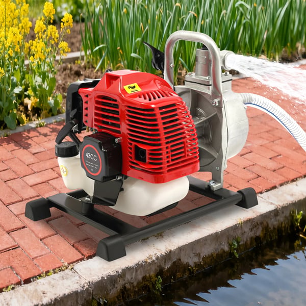 Vandpumpe - Bærbar benzin-motorpumpe - 43 cm³ 2-takt, 1-cylindret, luftkølet - 1,25 kW - Manuel start - Rød