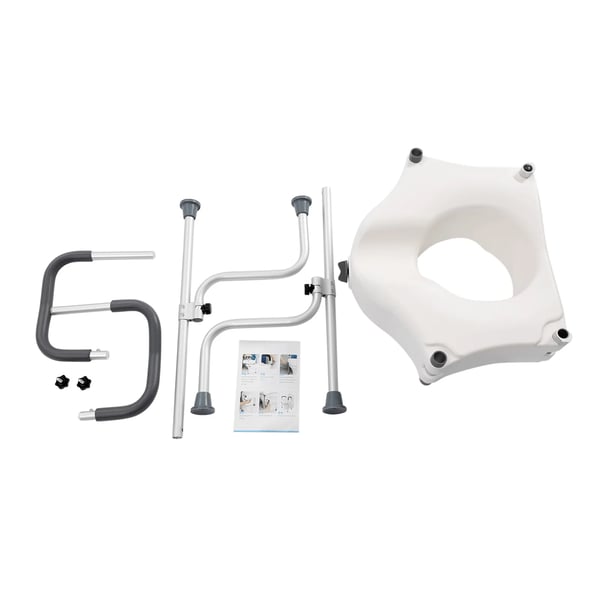 Toiletforhøjer - Sikkerhedsramme med Armlæn - Højde 44–54 cm - Forhøjelse 11 cm - 150 kg - Armlæn 170° - Armlænshøjde 15–23 cm - Aluminium/PC/Gummi