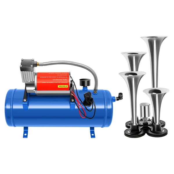 Luftkompressor - 12V bilkompressor - 6 l tank - 150 PSI maks. tryk - Oliefri - Med 4 lufthorn - Blå