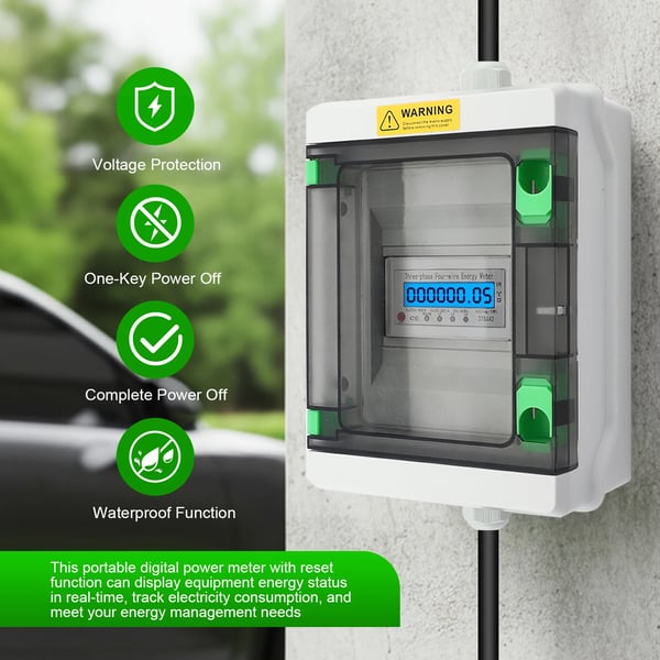 Mobil elmåler - Digital 3-fas måler - IP65 - 380 V - 16 A/32 A - CEE-stik og udtag med kabel i begge ender - CE-godkendt