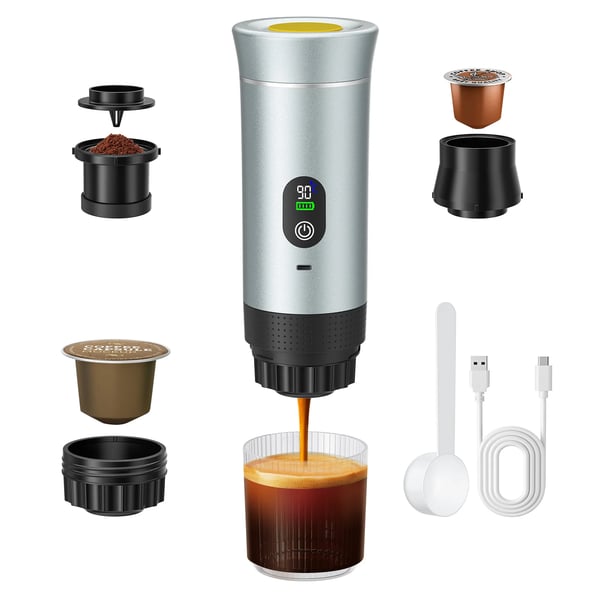 Kannettava sähköinen espressokeitin - Kapselit & jauhettu kahvi - Nopea lämmitys - Integroitu akku - Autoon, matkalle & ulos - Hopea Kannettava sähköinen espressokeitin - Kapselit & jauhettu kahvi - Nopea lämmitys - Integroitu akku - Autoon, matkalle & ulos - Hopea