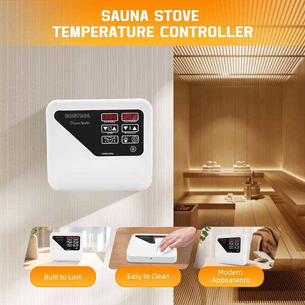 Temperaturregulator til saunaovn - Vægmonteret styreenhed - 380–415 V - Til 3–9 kW - 40–105 °C - Standardtemperatur 75 °C - Timer 2 t