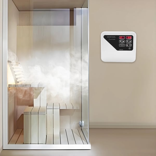 Temperaturregulator til saunaovn - Vægmonteret styreenhed - 380–415 V - Til 3–9 kW - 40–105 °C - Standardtemperatur 75 °C - Timer 2 t