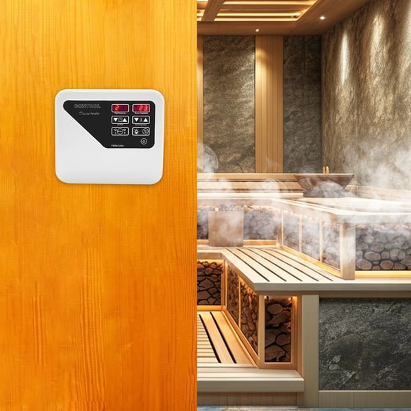Temperaturregulator til saunaovn - Vægmonteret styreenhed - 380–415 V - Til 3–9 kW - 40–105 °C - Standardtemperatur 75 °C - Timer 2 t