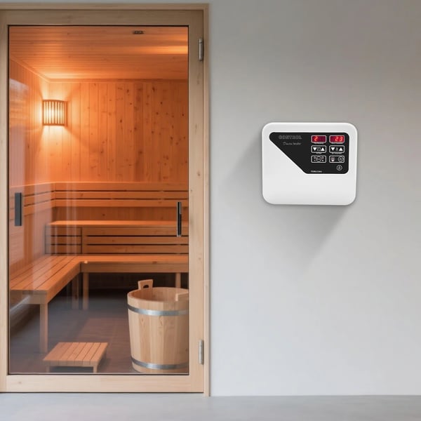Temperaturregulator til saunaovn - Vægmonteret styreenhed - 380–415 V - Til 3–9 kW - 40–105 °C - Standardtemperatur 75 °C - Timer 2 t