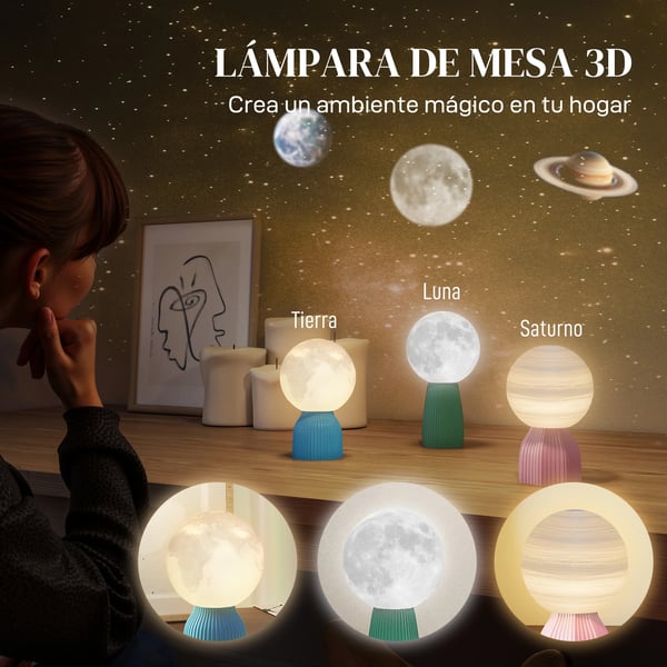 Set med 3 3D nattbordslampor - LED nattbordslampa - Måne/Jorden/Saturnus - Dimbart - USB 5V - Tryckknapp - ABS-plast - Vit