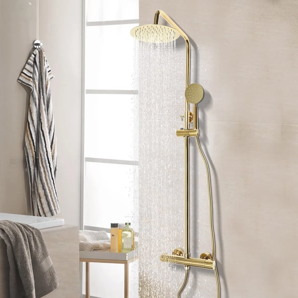 Regnbrusersæt - Vægmonteret termostat - 360° Drejeligt hoved & håndbruser - 304 rustfrit stål/messing - Højde 70–110 cm - Guld