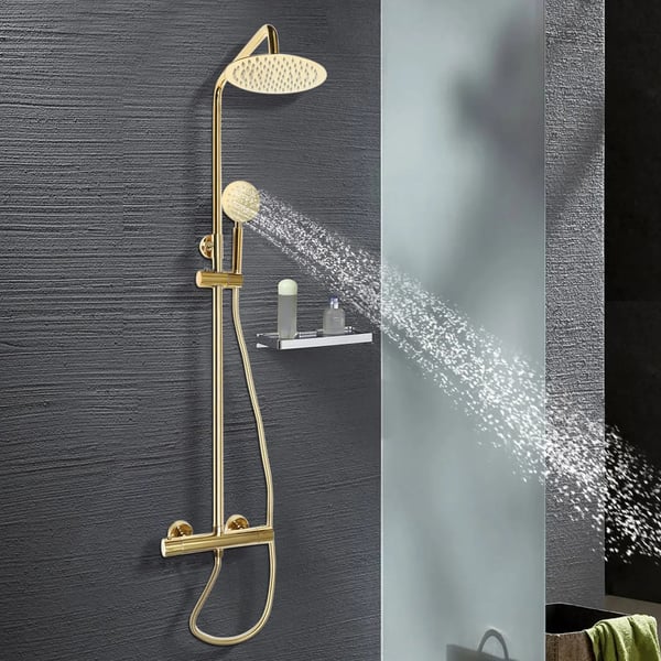 Regnbrusersæt - Vægmonteret termostat - 360° Drejeligt hoved & håndbruser - 304 rustfrit stål/messing - Højde 70–110 cm - Guld