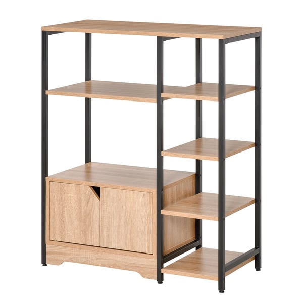 Bokhylla - Låg bokhylla med skåp - 6 Hyllplan, Dubbeldörrar, Metallstomme, Trä med Melamin, Industriell Stil, 80×35×97 cm - Natur