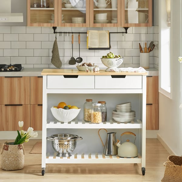 Serveringsvogn/Køkkenvogn - Rullebord med hylder - Træ - Med hjul - 98 x 94 x 58 cm - Kræver montering - Hvid