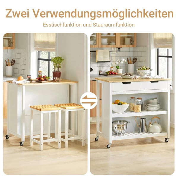 Serveringsvogn/Køkkenvogn - Rullebord med hylder - Træ - Med hjul - 98 x 94 x 58 cm - Kræver montering - Hvid