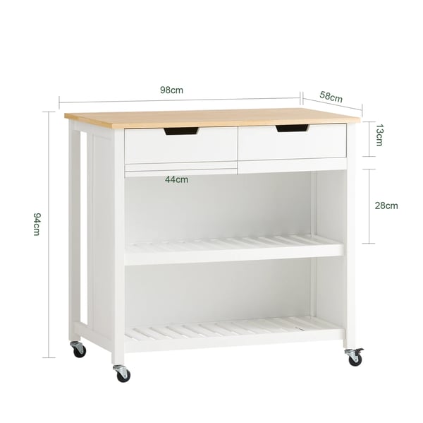Serveringsvogn/Køkkenvogn - Rullebord med hylder - Træ - Med hjul - 98 x 94 x 58 cm - Kræver montering - Hvid
