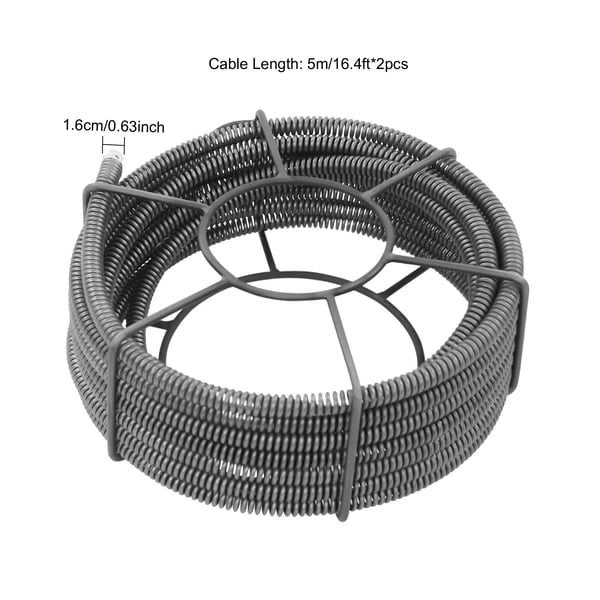 Afløbsrenser - Rensespiral - 10 m Længde - Manganstål - Fjeder Ø16 mm - Til Rør Ø50–120 mm - Badeværelse/Køkken