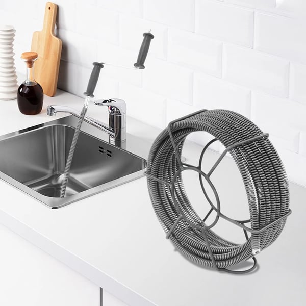 Afløbsrenser - Rensespiral - 10 m Længde - Manganstål - Fjeder Ø16 mm - Til Rør Ø50–120 mm - Badeværelse/Køkken