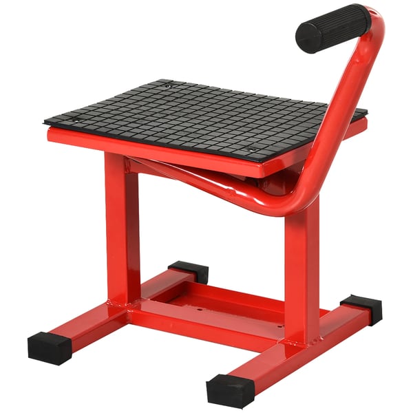 Motorcykellyft - MC domkraft med vev - Justerbar höjd 27,5–39,5 cm - Halkfri bas - Max 150 kg - Mått 48×34×43 cm - Röd/svart