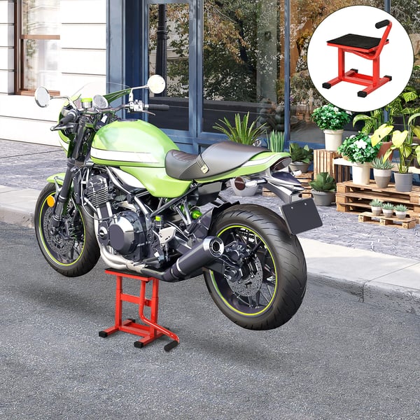 Motorcykellyft - MC domkraft med vev - Justerbar höjd 27,5–39,5 cm - Halkfri bas - Max 150 kg - Mått 48×34×43 cm - Röd/svart
