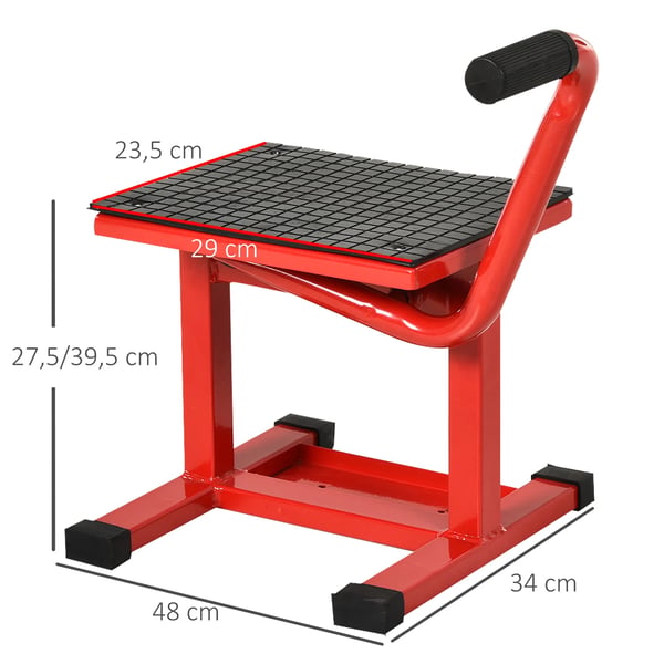 Motorcykellyft - MC domkraft med vev - Justerbar höjd 27,5–39,5 cm - Halkfri bas - Max 150 kg - Mått 48×34×43 cm - Röd/svart