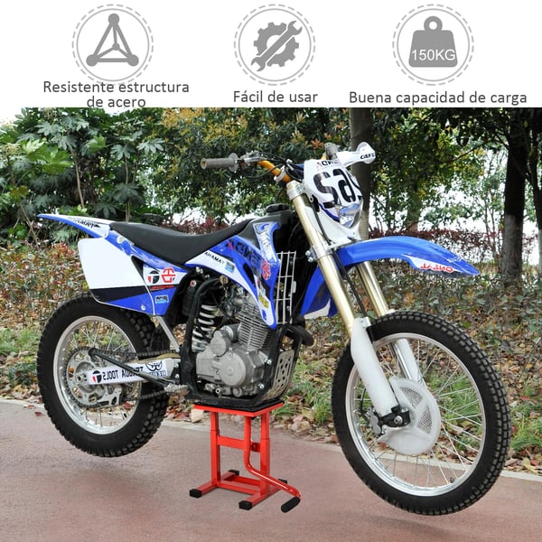 Motorcykellyft - MC domkraft med vev - Justerbar höjd 27,5–39,5 cm - Halkfri bas - Max 150 kg - Mått 48×34×43 cm - Röd/svart