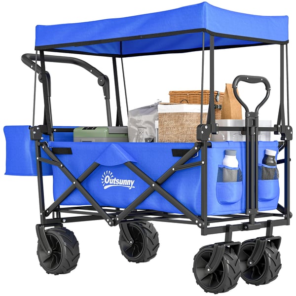 Transportvagn - Hopfällbar strandvagn - Med soltak - Teleskophandtag - Maxlast 68 kg - 117×55×98 cm - Strand & camping - Blå