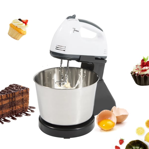 Køkkenmixer - Håndmixer med stativ - 7 hastigheder - 350 W - 1,7 l skål i rustfrit stål - Til piskning af æg og fløde