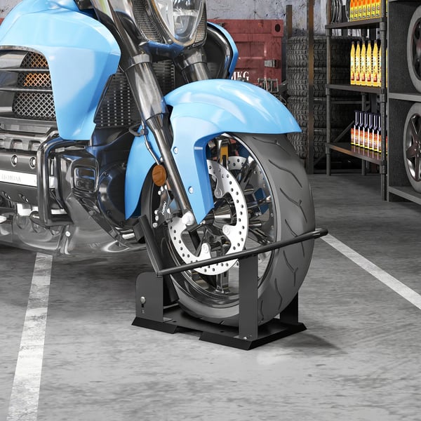 Motorcykel framhjulsställ - Paddockställ - Maxbelastning 816,5 kg - Justerbar höjd - För hjul Ø38,1–53,34 cm - 71,5×27×33,5 cm - Svart