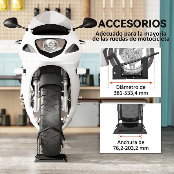 Motorcykel framhjulsställ - Paddockställ - Maxbelastning 816,5 kg - Justerbar höjd - För hjul Ø38,1–53,34 cm - 71,5×27×33,5 cm - Svart