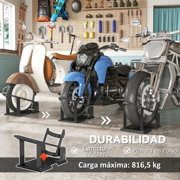 Motorcykel framhjulsställ - Paddockställ - Maxbelastning 816,5 kg - Justerbar höjd - För hjul Ø38,1–53,34 cm - 71,5×27×33,5 cm - Svart