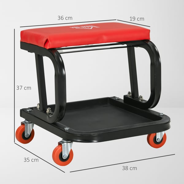 Verkstadsstol - Rullbar Servicepall - Verktygsbricka - Stålram - Maxbelastning 100 kg - 38×35×37 cm - För Garage - Röd