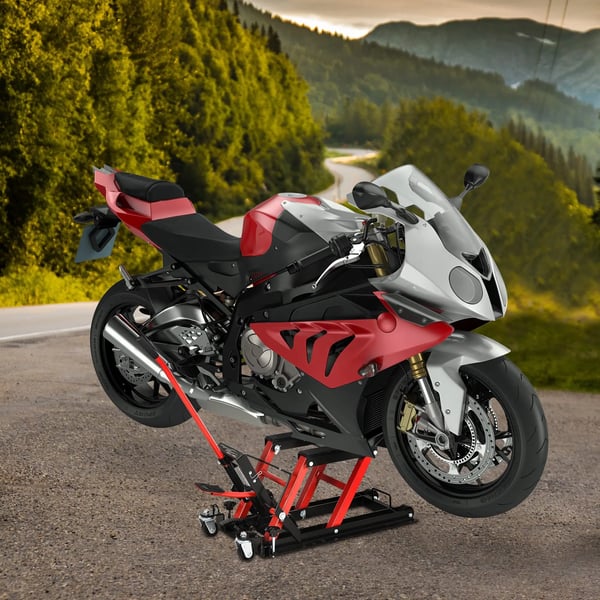 Motorcykel & ATV - Hydraulisk motorcykellyft - Kapacitet 680 kg - Justerbar höjd 24–36 cm - Plattform - Mått 110×36×67 cm - Svart/Röd