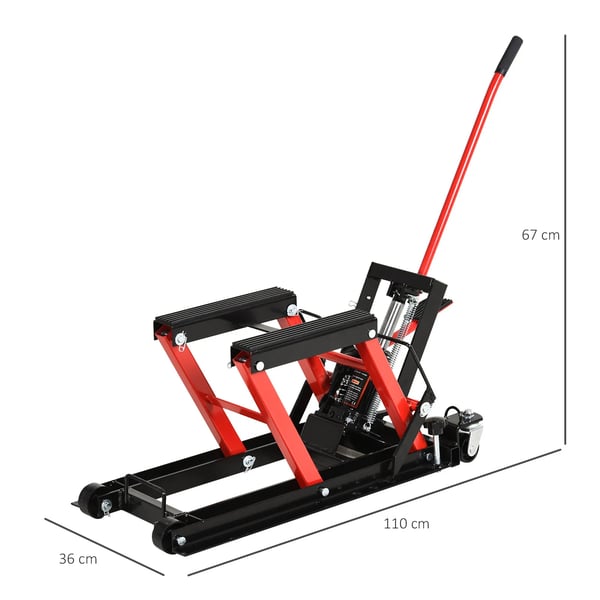 Motorcykel & ATV - Hydraulisk motorcykellyft - Kapacitet 680 kg - Justerbar höjd 24–36 cm - Plattform - Mått 110×36×67 cm - Svart/Röd