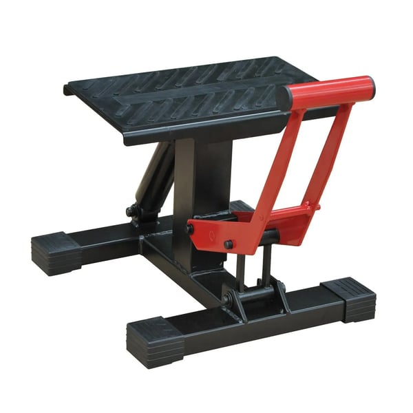 Universellt motorcykellyft - Motocrossställ - Höjdjusterbar 24,5–35,5 cm - Mått 28×17,5×35,5 cm - För service och parkering - Röd/svart