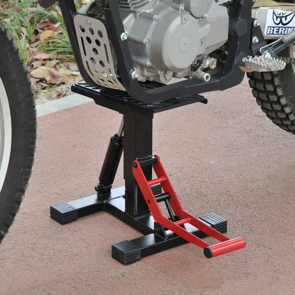 Universellt motorcykellyft - Motocrossställ - Höjdjusterbar 24,5–35,5 cm - Mått 28×17,5×35,5 cm - För service och parkering - Röd/svart