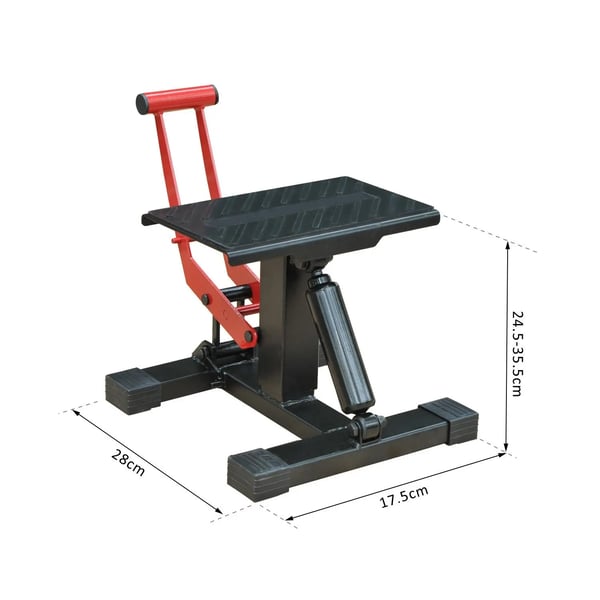 Universellt motorcykellyft - Motocrossställ - Höjdjusterbar 24,5–35,5 cm - Mått 28×17,5×35,5 cm - För service och parkering - Röd/svart