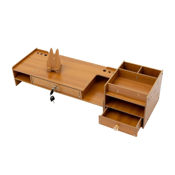 Skærmstander - Skærmforhøjer med Skuffer - MDF - Mål 48×20×10,5 cm - Bæreevne 2,5–5 kg - Skab 17,5×20×16 cm - Stor Skuffe 27 cm - Kirsebærfarve