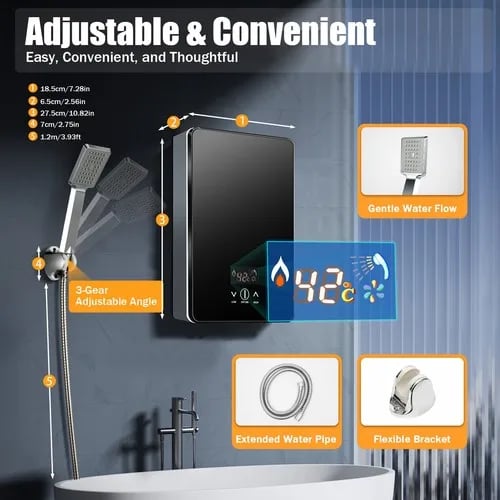 Elektrisk gennemstrømsvandvarmer - Brusesystem - 6500 W - 30–55 °C justerbar - IPX4 - 220 V/50 Hz - Rustfrit stål - Sort